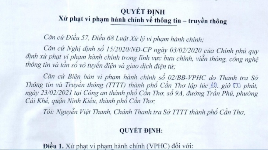 Cần Thơ xử phạt người đưa tin xuyên tạc xúc phạm Lãnh đạo Đảng, Nhà nước